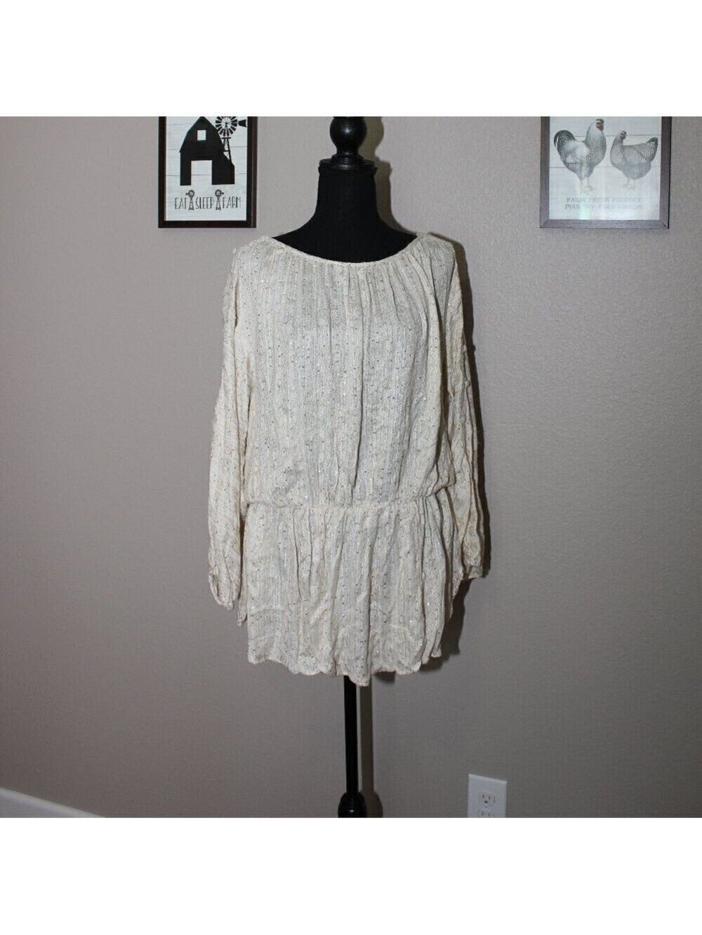 Free People Womens Little Shine Tunic NWT Sequins Cream Size Small Boho Peasant